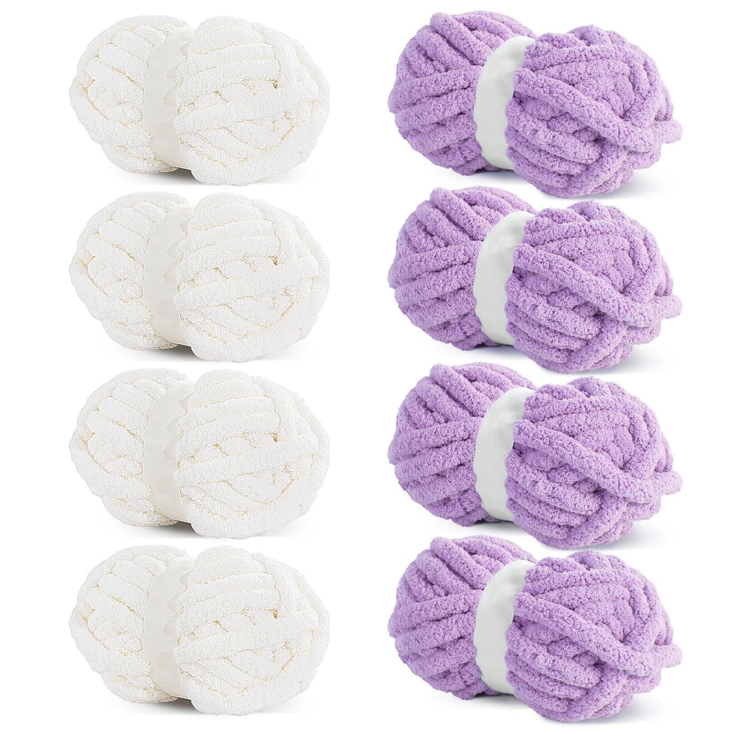HOMBYS 4 Cream+4 Purple Chunky Chenille Yarn, 8 Skeins, 27 yd / 8 oz Each