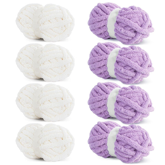 HOMBYS 4 Cream+4 Purple Chunky Chenille Yarn, 8 Skeins, 27 yd / 8 oz Each