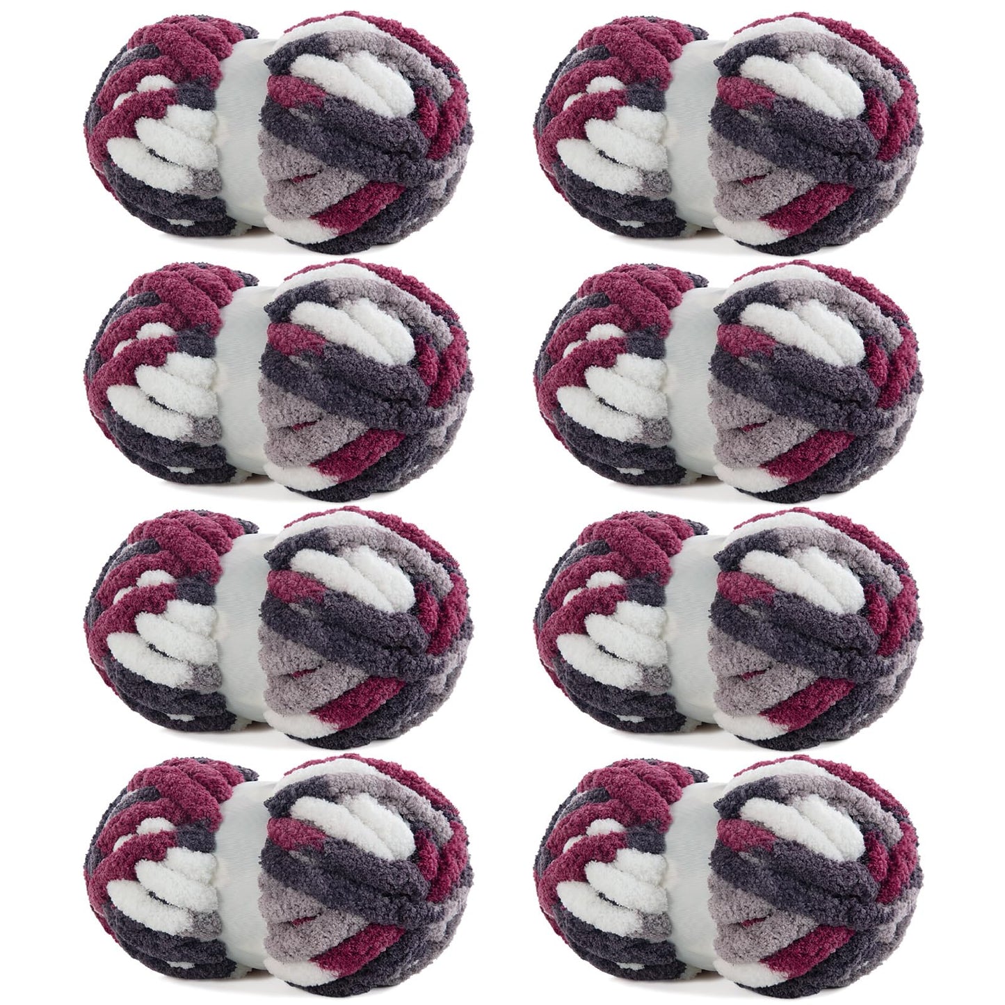 HOMBYS Wine Red,Grey,White Variegated Chunky Chenille Yarn, 8 Skeins, 26 yd / 7.5 oz Each