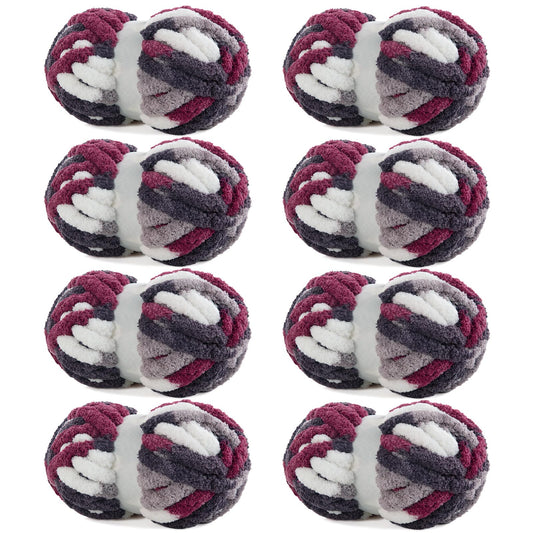 HOMBYS Wine Red,Grey,White Variegated Chunky Chenille Yarn, 8 Skeins, 26 yd / 7.5 oz Each