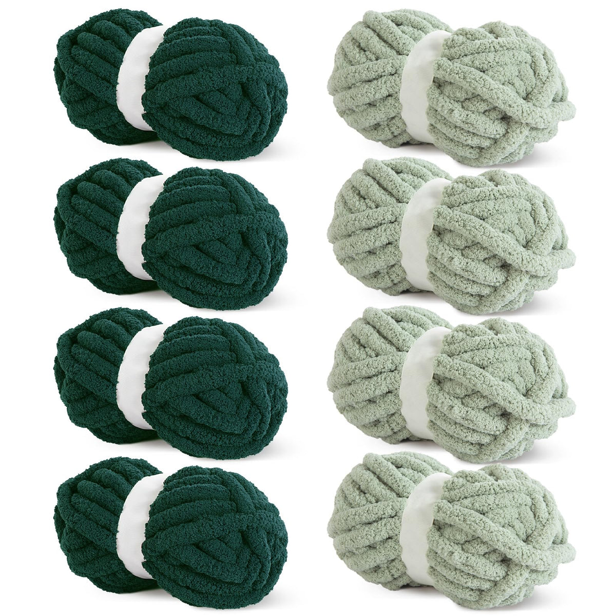 HOMBYS 4 Green & 4 Dark Green Chunky Chenille Yarn, 8 Skeins, 27 yd / 8 oz Each