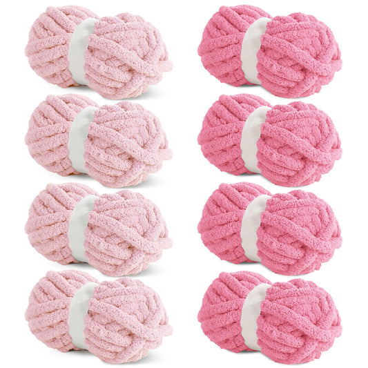 HOMBYS 4 Pink+4 Rose Red Chunky Chenille Yarn, 8 Skeins, 27 yd / 8 oz Each