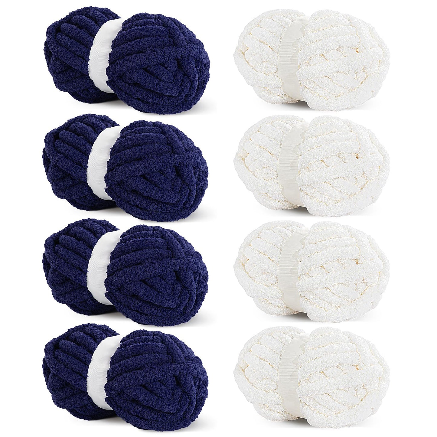 HOMBYS 4 Cream+ 4 Navy Blue Chunky Chenille Yarn, 8 Skeins, 27 yd / 8 oz Each