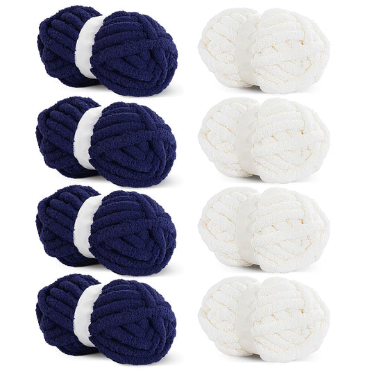 HOMBYS 4 Cream+ 4 Navy Blue Chunky Chenille Yarn, 8 Skeins, 27 yd / 8 oz Each