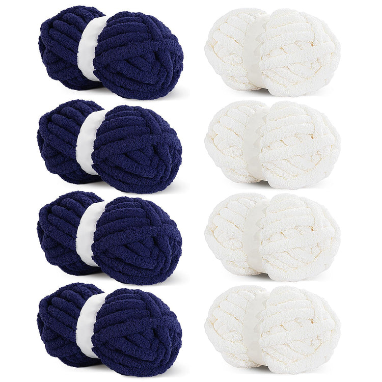 HOMBYS 4 Cream+ 4 Navy Blue Chunky Chenille Yarn, 8 Skeins, 27 yd / 8 oz Each