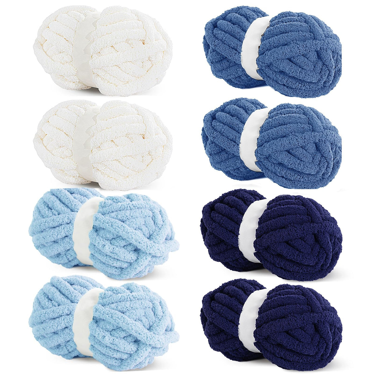 HOMBYS 2 Cream+ 2 Sky Blue+ 2 Country Blue+2 Navy Blue Chunky Chenille Yarn, 8 Skeins, 27 yd / 8 oz Each