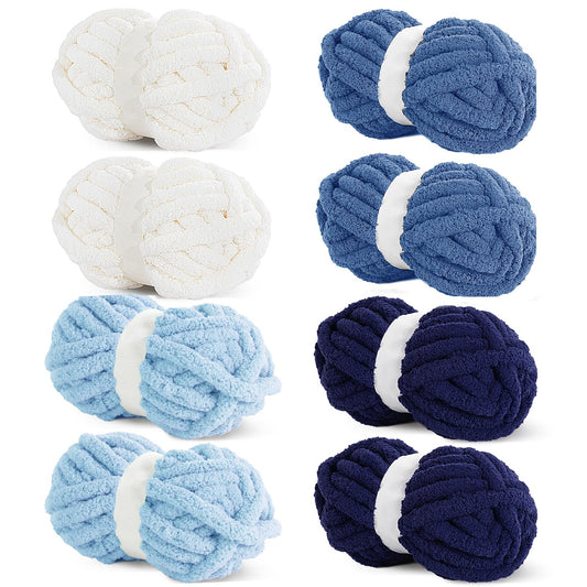 HOMBYS 2 Cream+ 2 Sky Blue+ 2 Country Blue+2 Navy Blue Chunky Chenille Yarn, 8 Skeins, 27 yd / 8 oz Each
