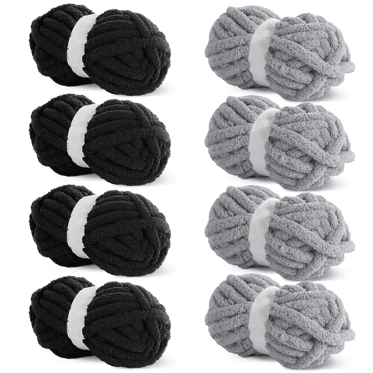 HOMBYS 4 Black +4 Medium Grey Chunky Chenille Yarn, 8 Skeins, 27 yd / 8 oz Each