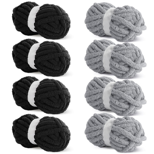 HOMBYS 4 Black +4 Medium Grey Chunky Chenille Yarn, 8 Skeins, 27 yd / 8 oz Each