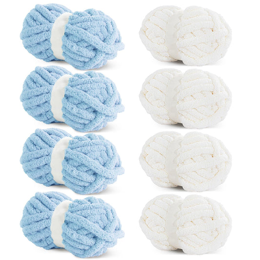 HOMBYS 4 Cream+ 4 Sky Blue Chunky Chenille Yarn, 8 Skeins, 27 yd / 8 oz Each