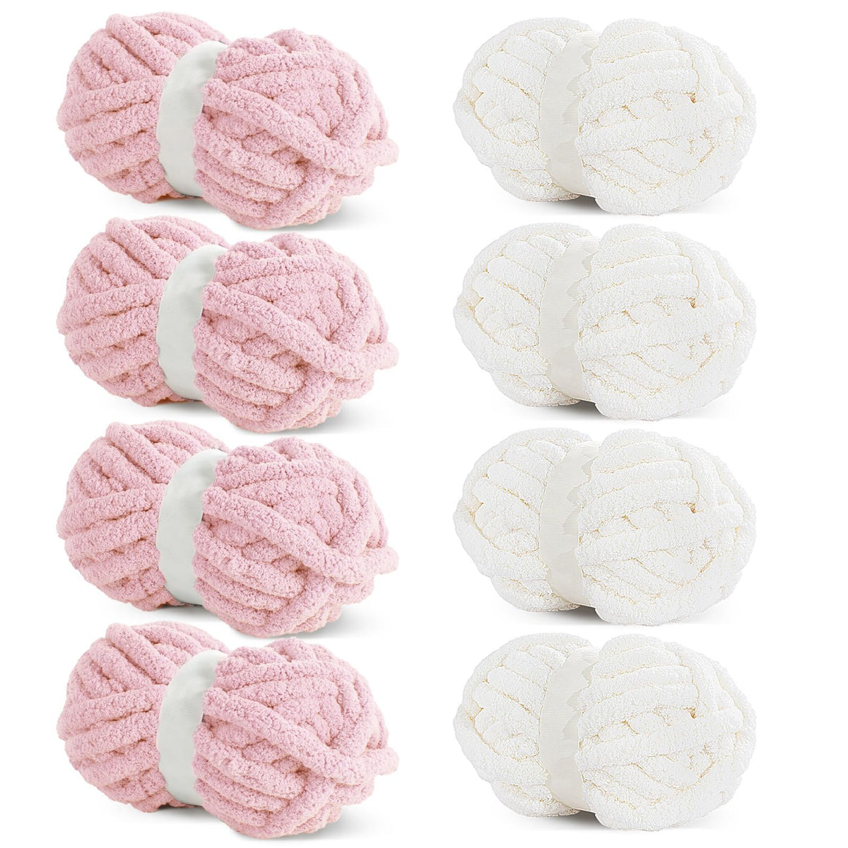 HOMBYS 4 Cream+ 4 Pink Chunky Chenille Yarn, 8 Skeins, 27 yd / 8 oz Each