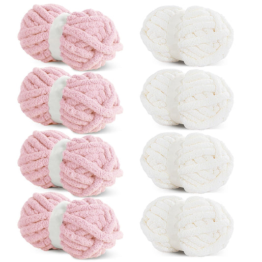 HOMBYS 4 Cream+ 4 Pink Chunky Chenille Yarn, 8 Skeins, 27 yd / 8 oz Each