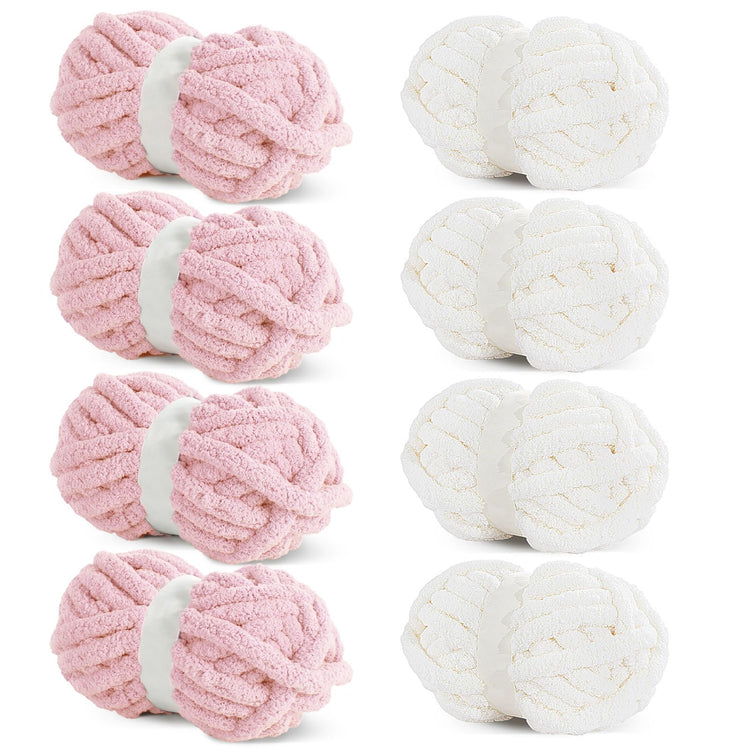 HOMBYS 4 Cream+ 4 Pink Chunky Chenille Yarn, 8 Skeins, 27 yd / 8 oz Each
