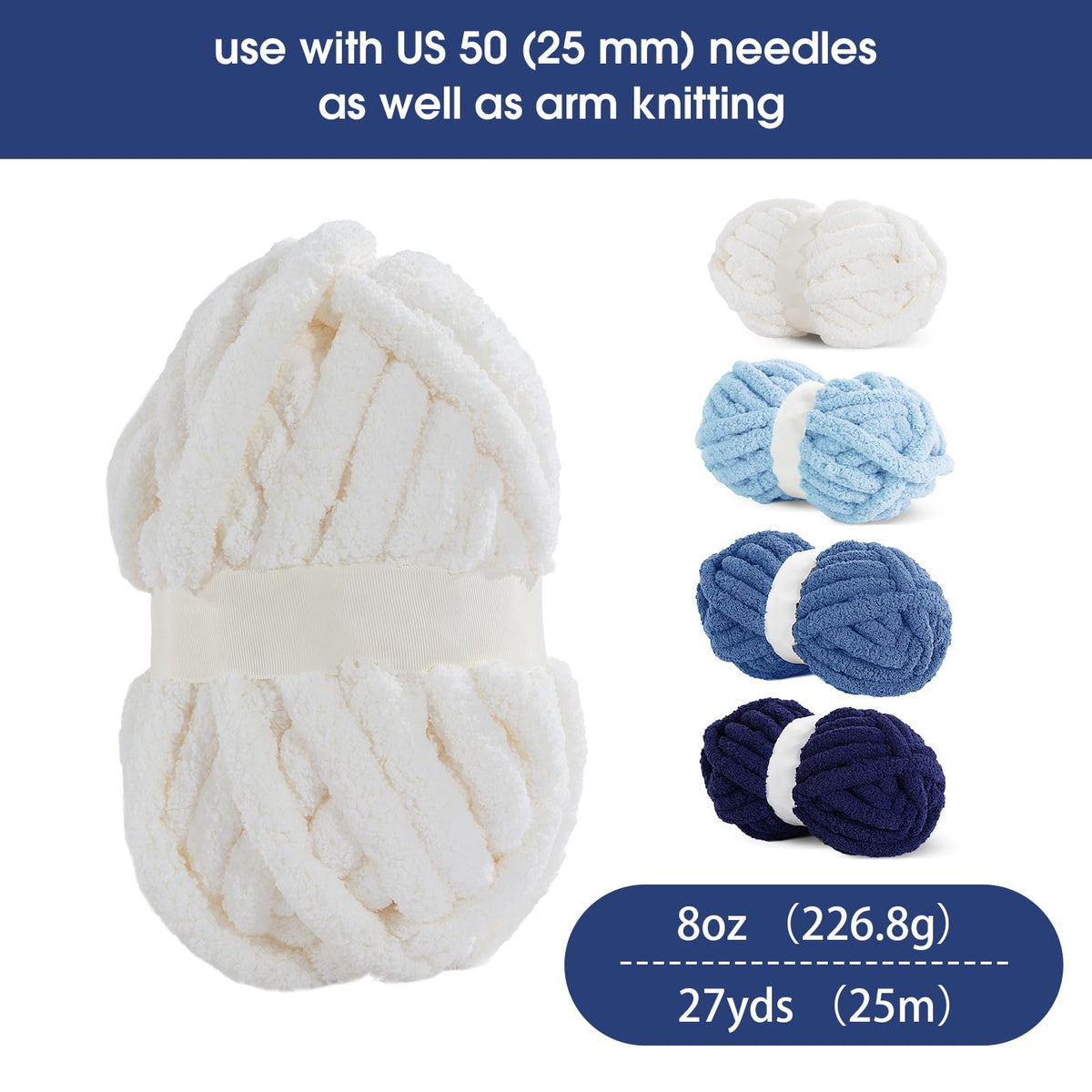 HOMBYS 2 Cream+ 2 Sky Blue+ 2 Country Blue+2 Navy Blue Chunky Chenille Yarn, 8 Skeins, 27 yd / 8 oz Each