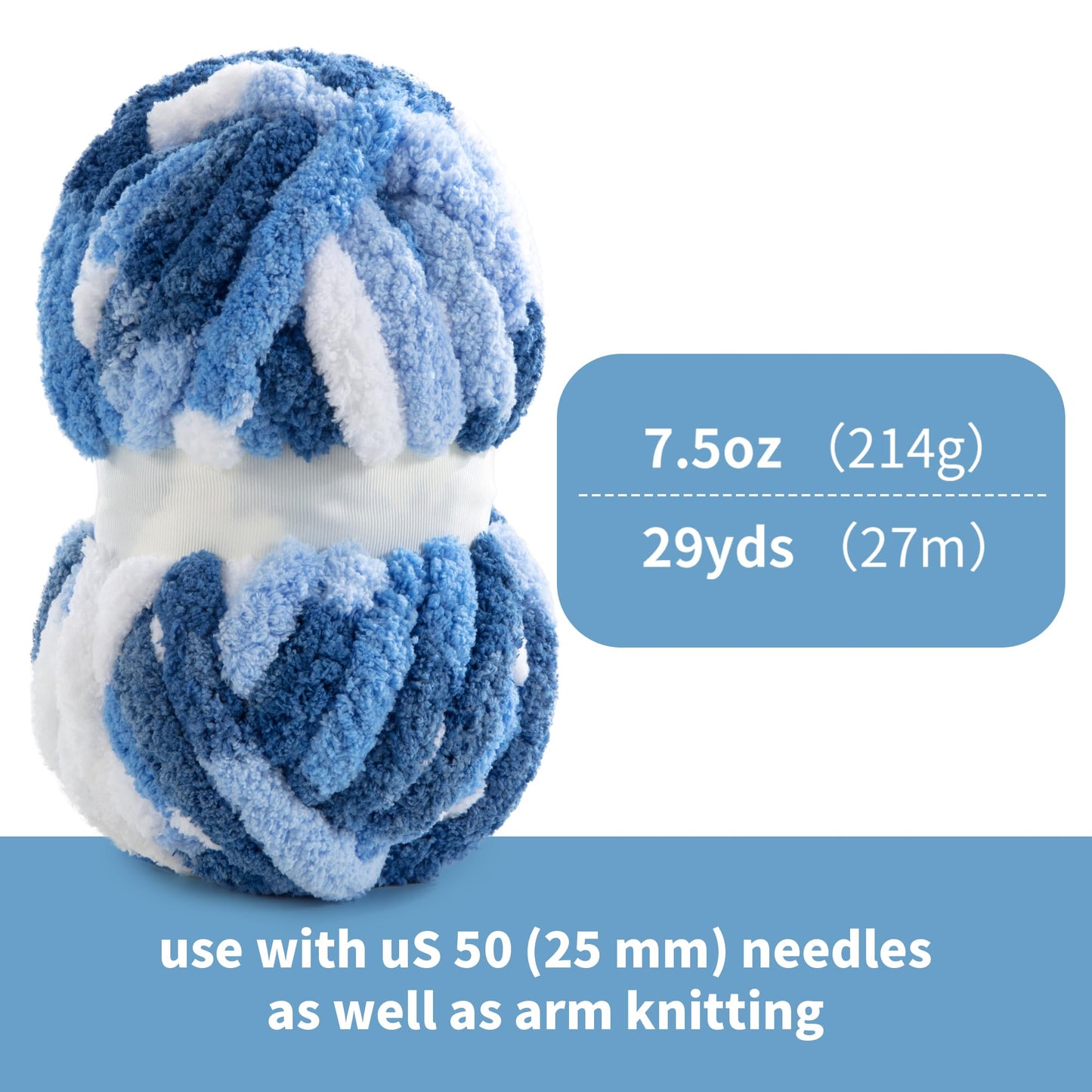 HOMBYS Blue,Light Blue,White Variegated Chunky Chenille Yarn, 8 Skeins, 26 yd / 7.5 oz Each