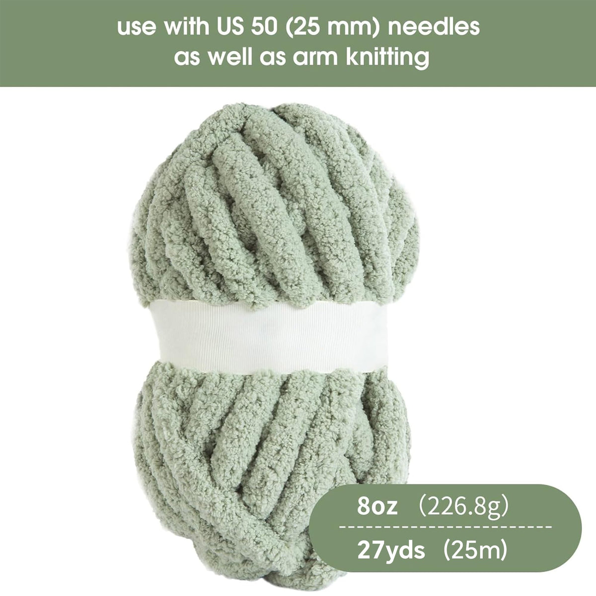 HOMBYS Sage Green Chunky Chenille Yarn, 8 Skeins, 27 yd / 8 oz Each