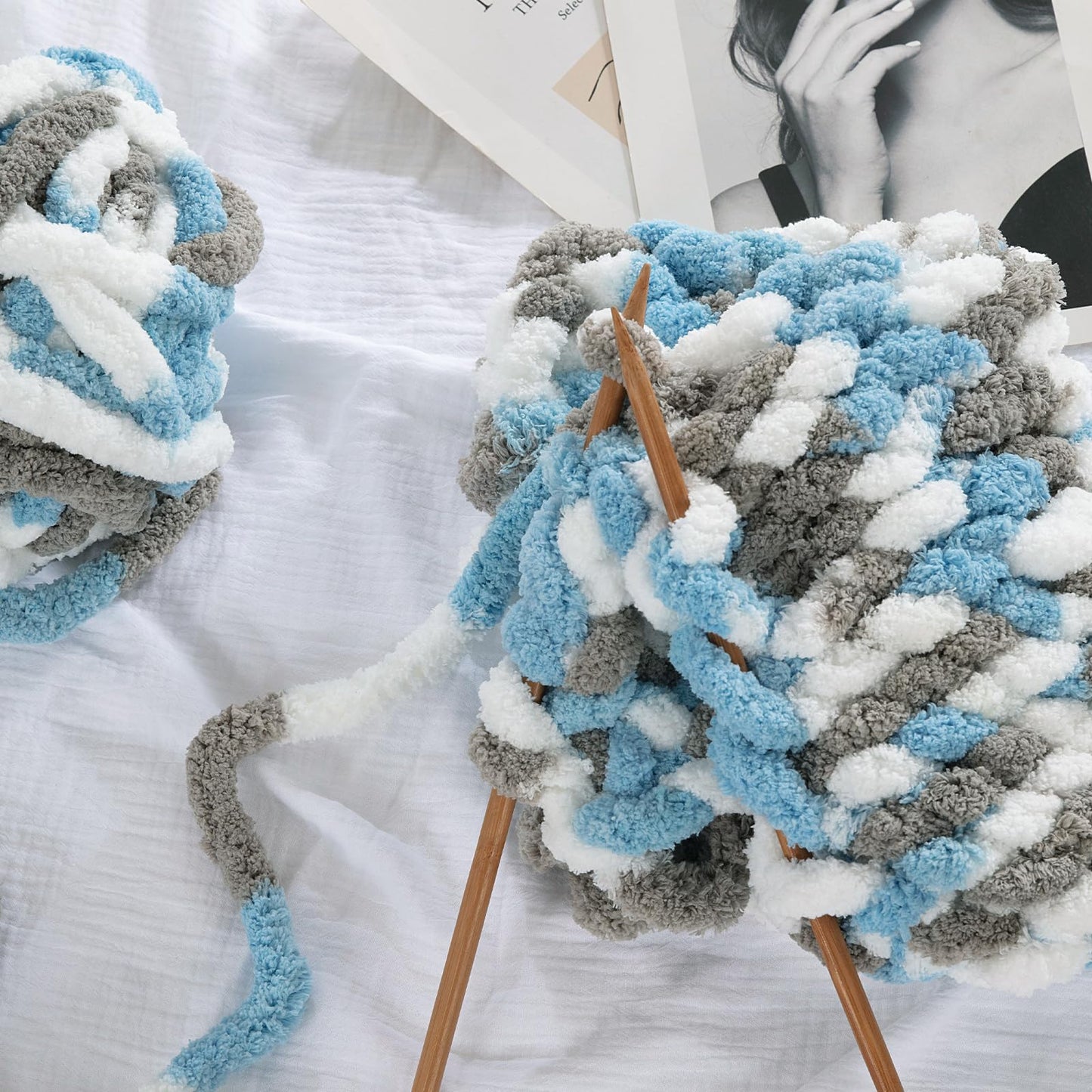 HOMBYS Sky Blue,Green Variegated Chunky Chenille Yarn, 8 Skeins, 26 yd / 7.5 oz Each