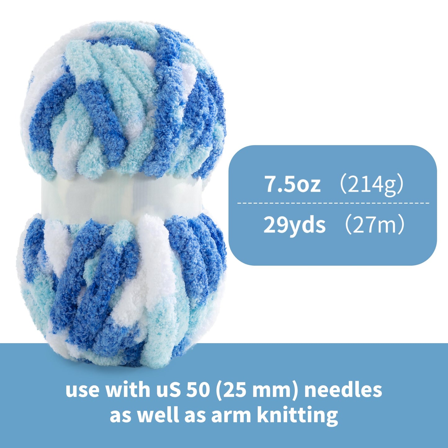 HOMBYS Blue,Sky Blue,White Variegated Chunky Chenille Yarn, 8 Skeins, 26 yd / 7.5 oz Each