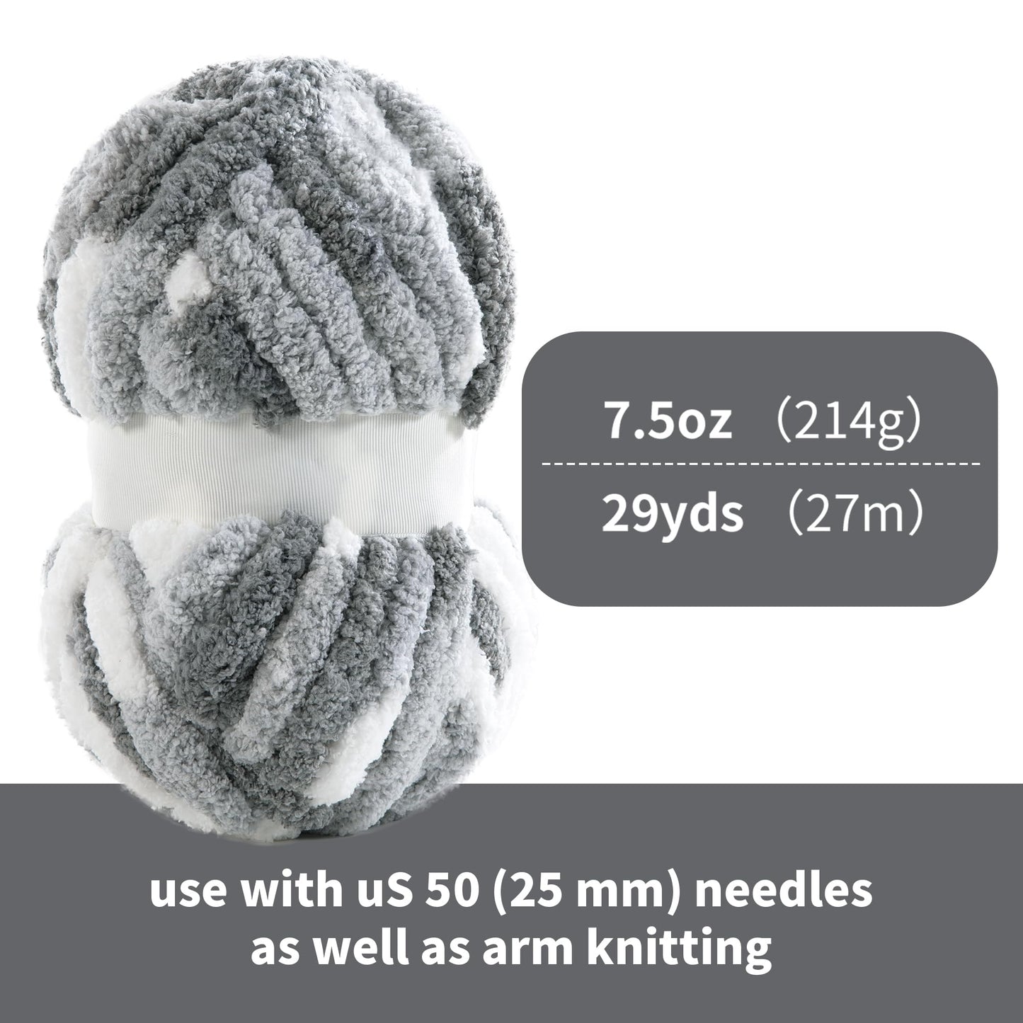 HOMBYS Dark Grey,Grey,White Variegated Chunky Chenille Yarn, 8 Skeins, 26 yd / 7.5 oz Each