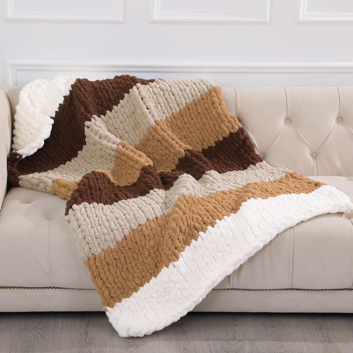 HOMBYS Khaki Gradient + White Chunky Chenille Yarn, 8 Skeins, 27 yd / 8 oz Each