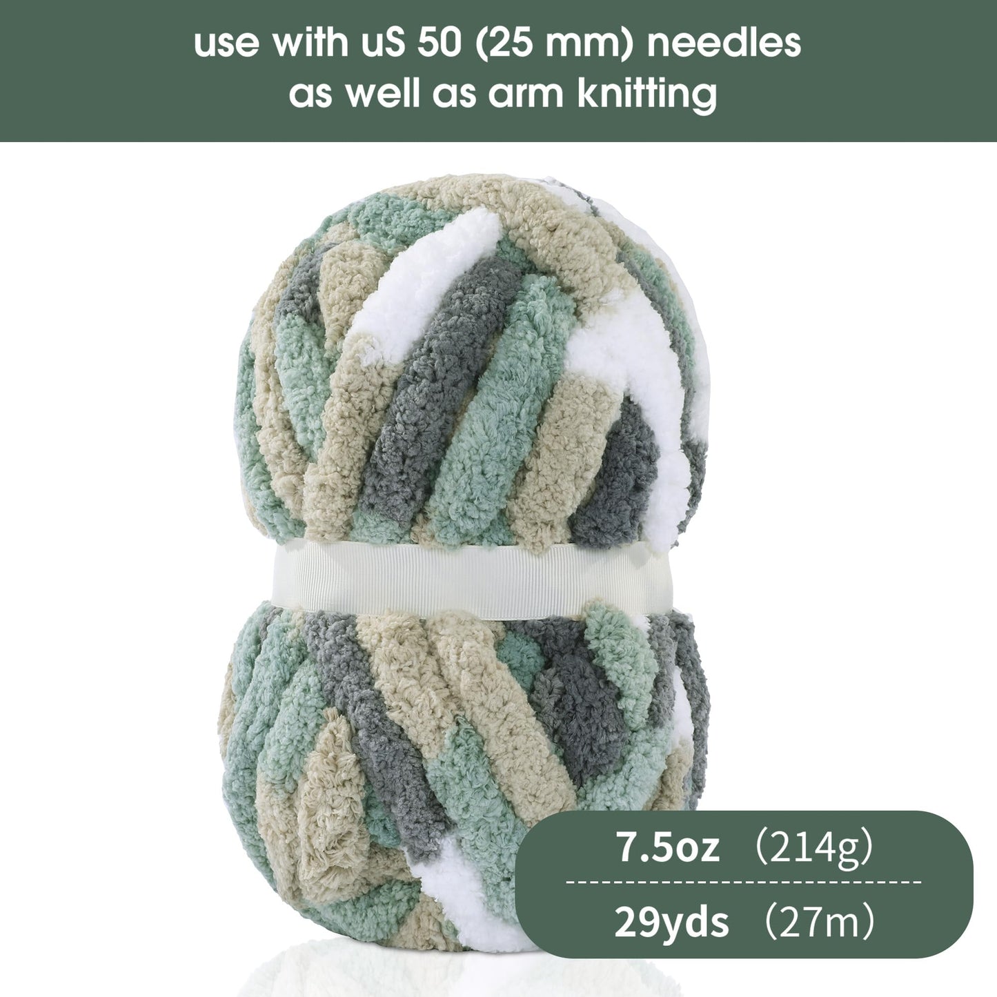 HOMBYS Grey,Green,White,Khaki Variegated Chunky Chenille Yarn, 8 Skeins, 26 yd / 7.5 oz Each