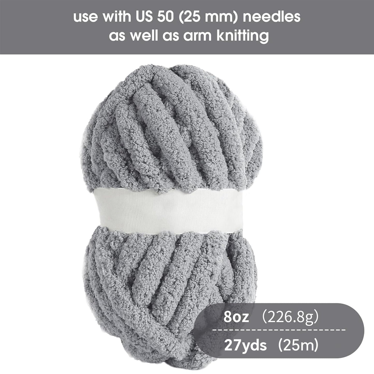 HOMBYS Light Grey Chunky Chenille Yarn, 8 Skeins, 27 yd / 8 oz Each