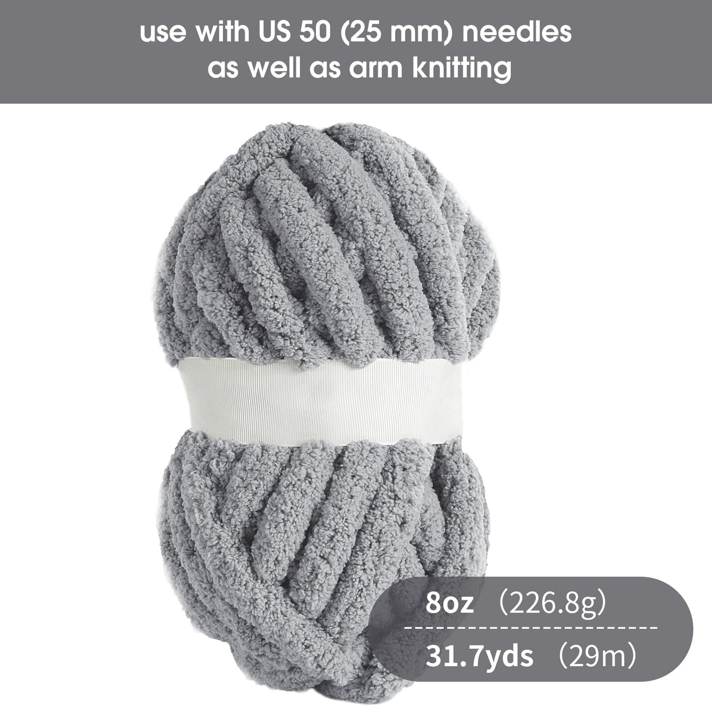 HOMBYS 4 White+4 Light Grey Chunky Chenille Yarn, 8 Skeins, 27 yd / 8 oz Each