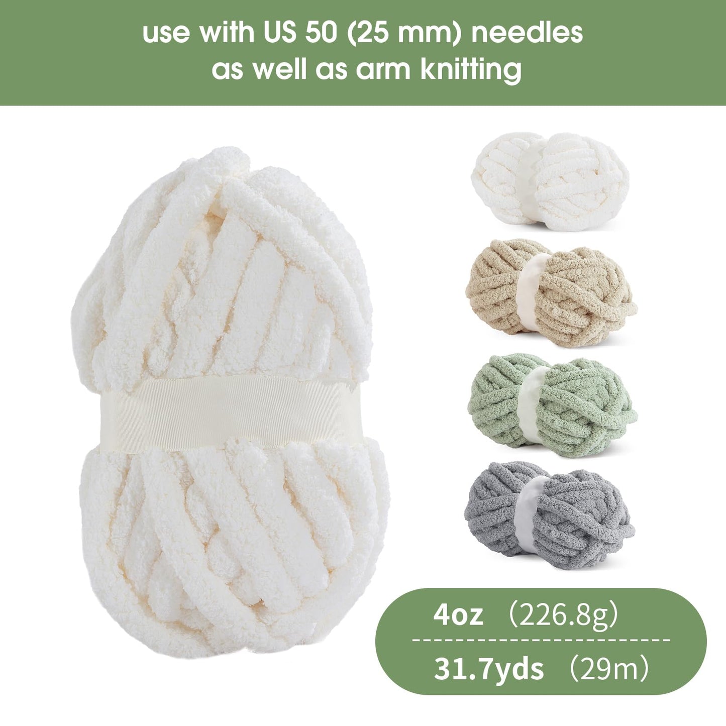 HOMBYS 2 Cream+ 2 Khaki+2 Sage+2 Grey Chunky Chenille Yarn, 8 Skeins, 27 yd / 8 oz Each