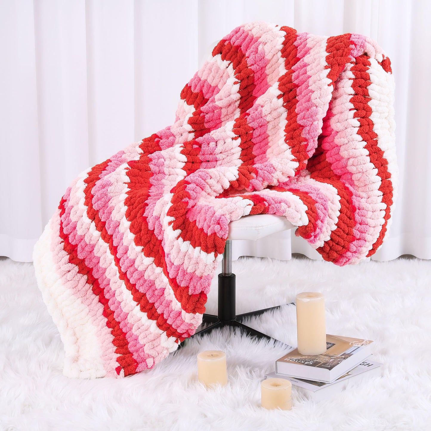 HOMBYS Red Gradient + White Chunky Chenille Yarn, 8 Skeins, 27 yd / 8 oz Each