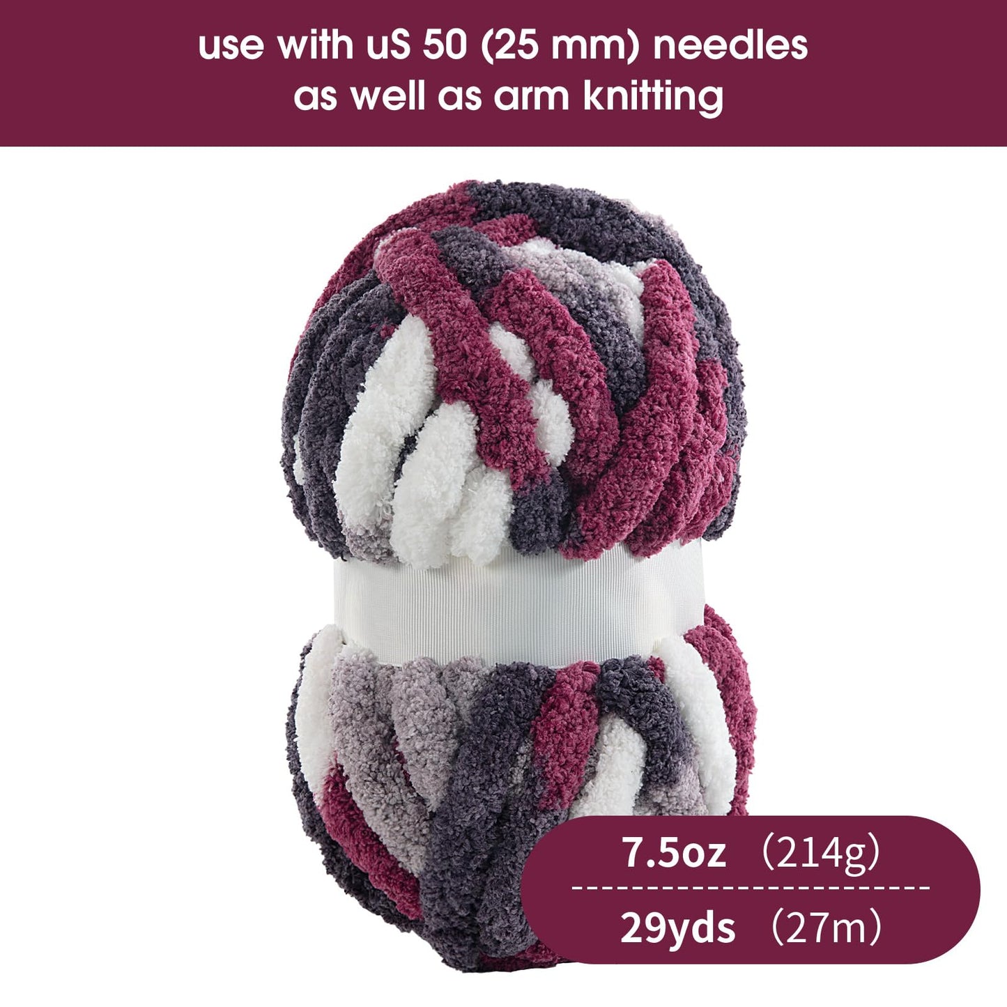 HOMBYS Wine Red,Grey,White Variegated Chunky Chenille Yarn, 8 Skeins, 26 yd / 7.5 oz Each
