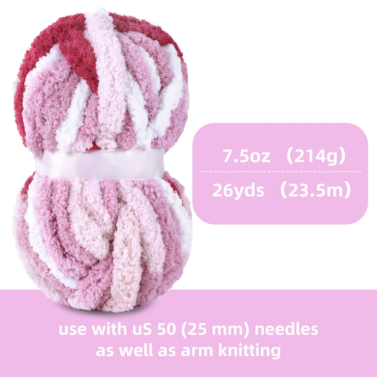 HOMBYS Rose,Pink,White Variegated Chunky Chenille Yarn, 8 Skeins, 26 yd / 7.5 oz Each
