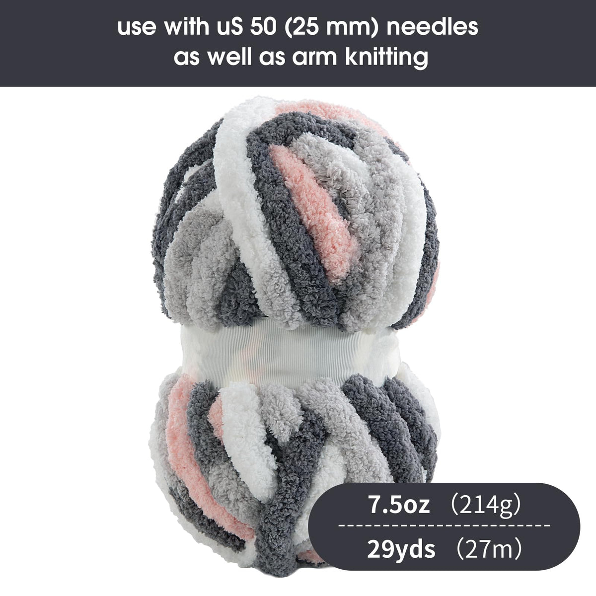 HOMBYS Dark Grey,Pink,White Variegated Chunky Chenille Yarn, 8 Skeins, 26 yd / 7.5 oz Each