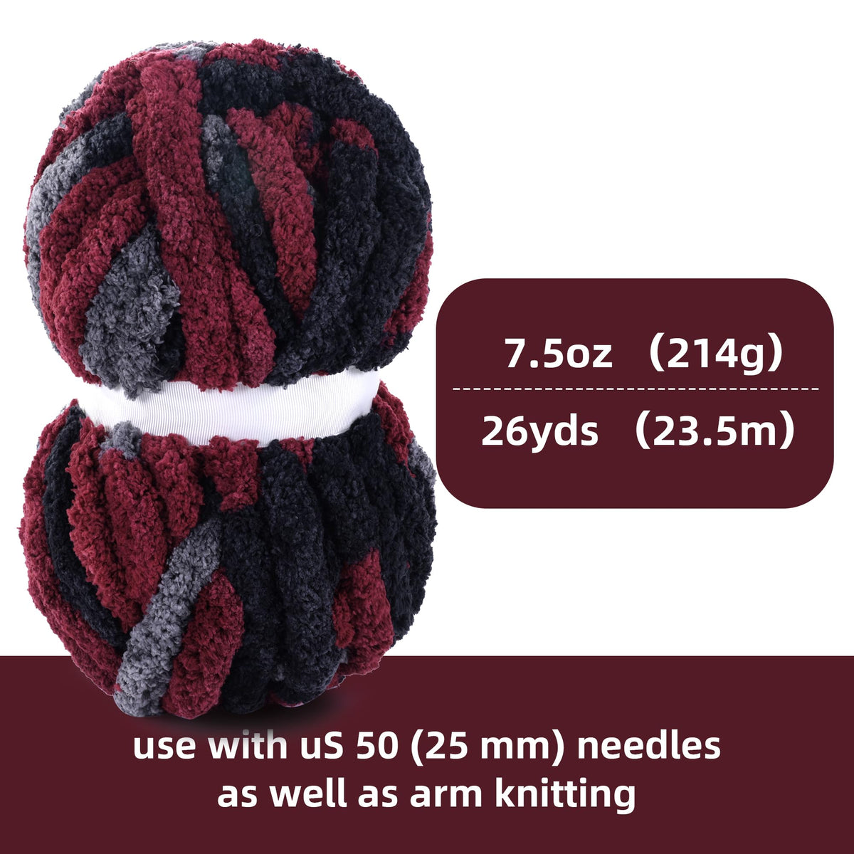 HOMBYS Wine Red,Black,Grey Variegated Chunky Chenille Yarn, 8 Skeins, 26 yd / 7.5 oz Each