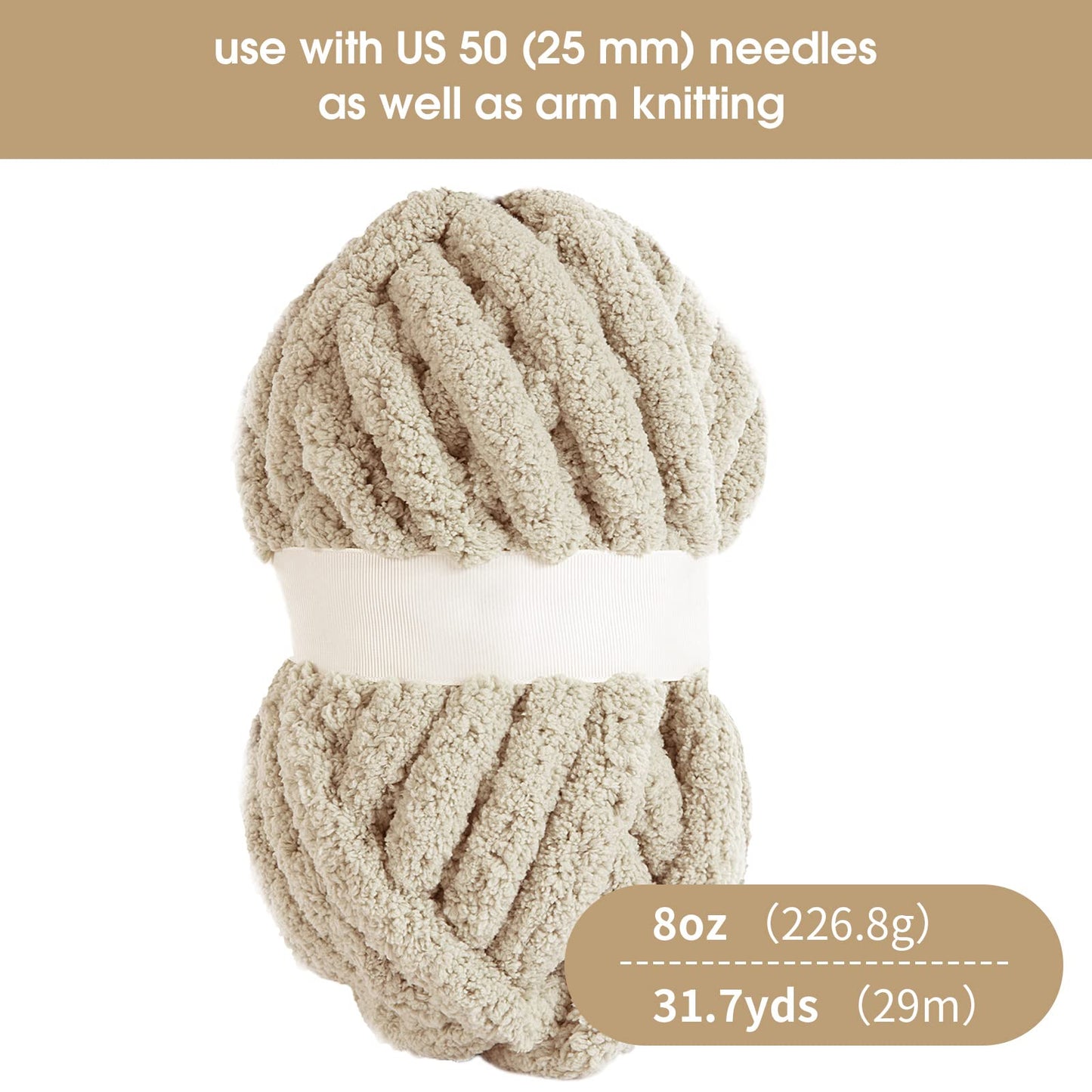 HOMBYS 4 White+4 Khaki Chunky Chenille Yarn, 8 Skeins, 27 yd / 8 oz Each