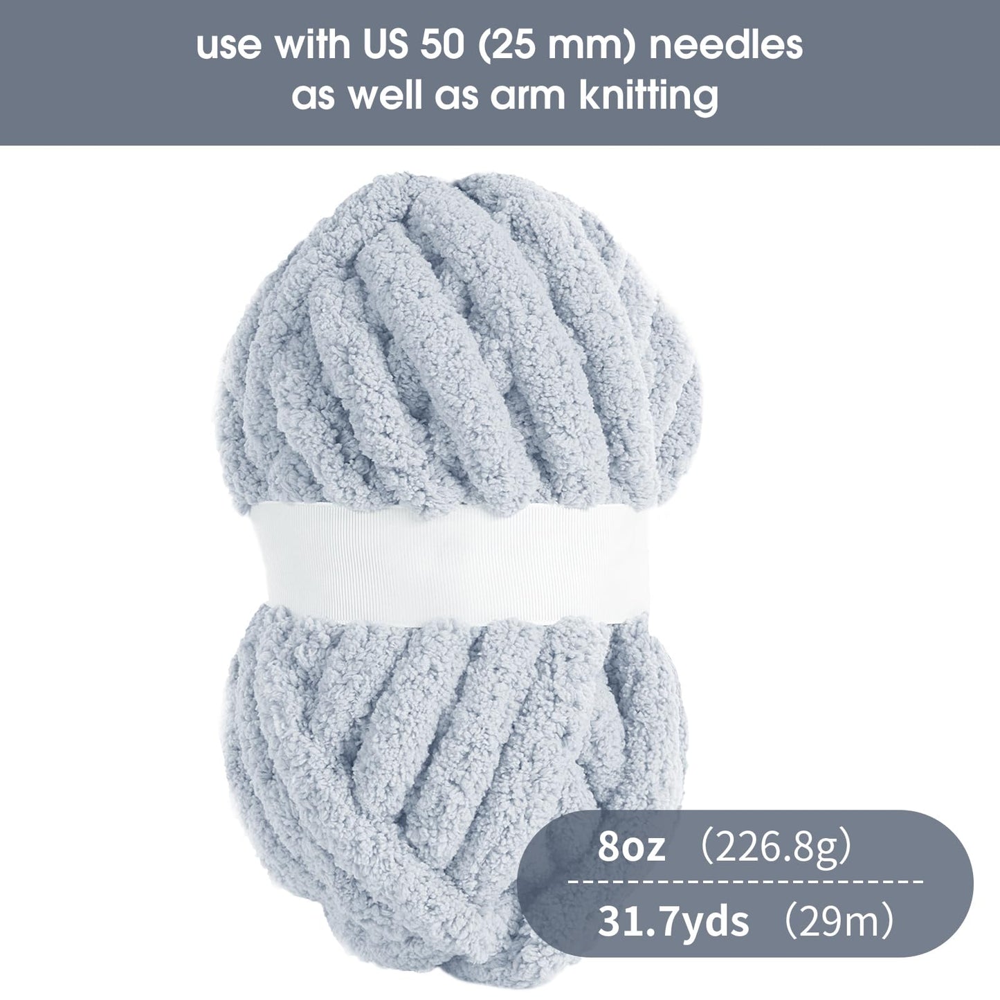 HOMBYS Rice Grey Chunky Chenille Yarn, 8 Skeins, 27 yd / 8 oz Each