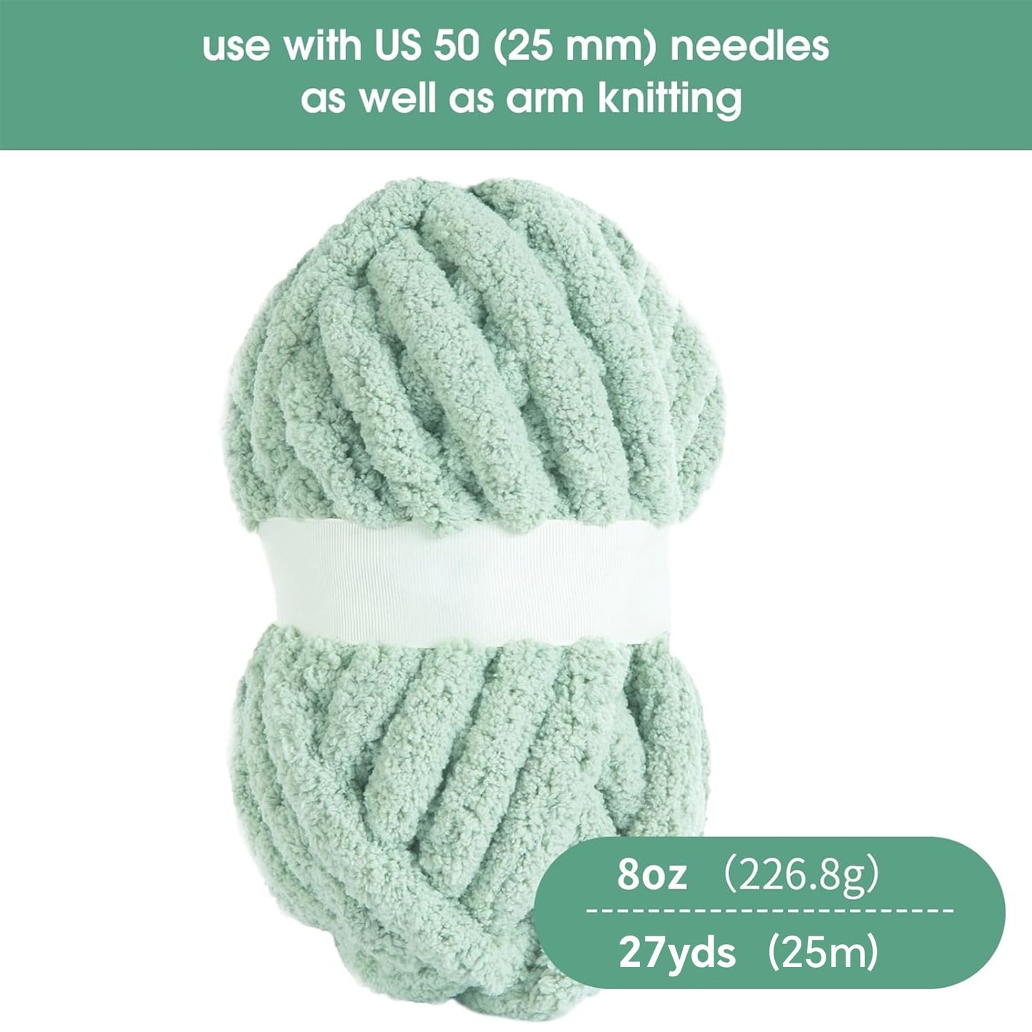 HOMBYS Mint Green Chunky Chenille Yarn, 8 Skeins, 27 yd / 8 oz Each