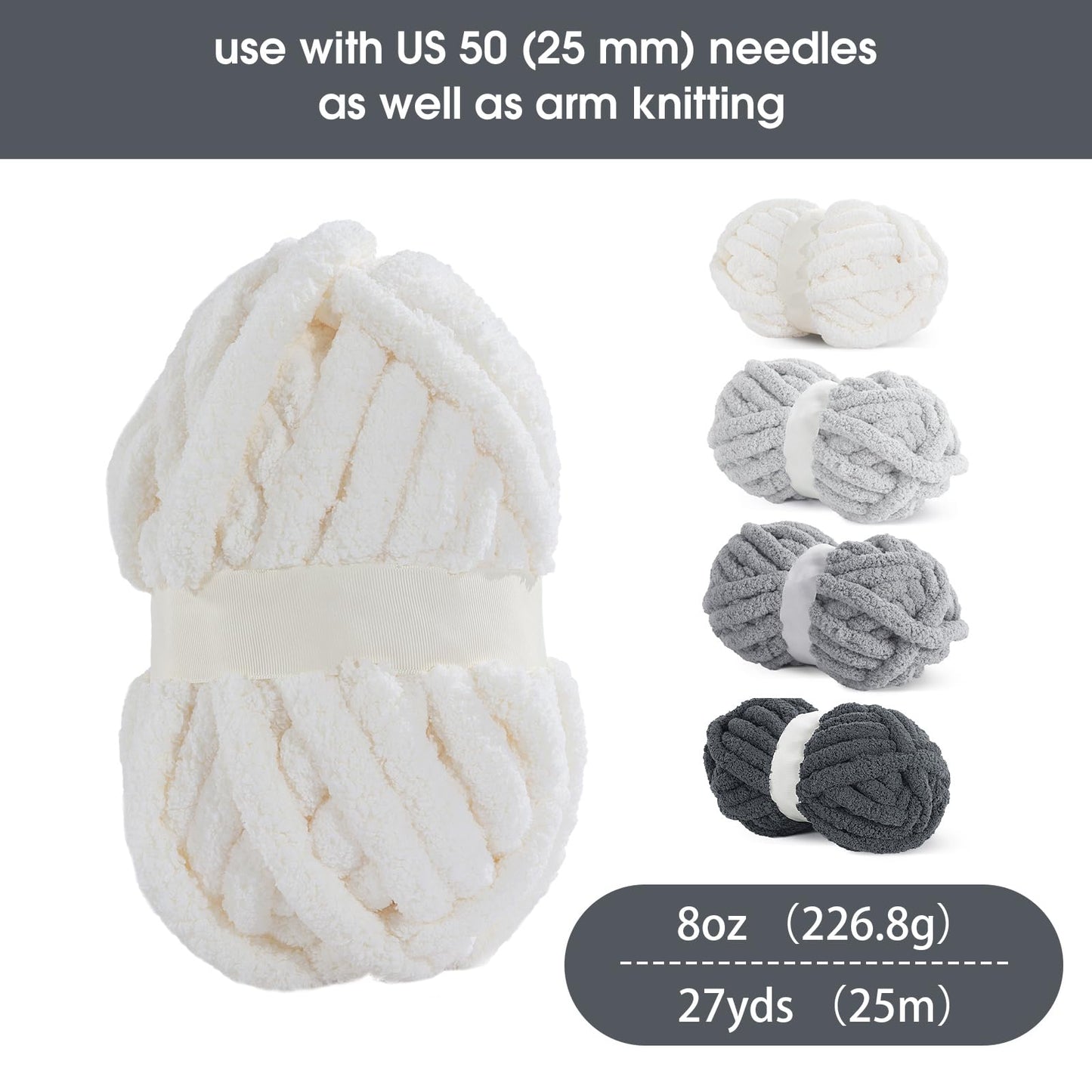 HOMBYS 2Cream+2 Light Grey+2 Medium Grey+2 Dark Grey Chunky Chenille Yarn, 8 Skeins, 27 yd / 8 oz Each
