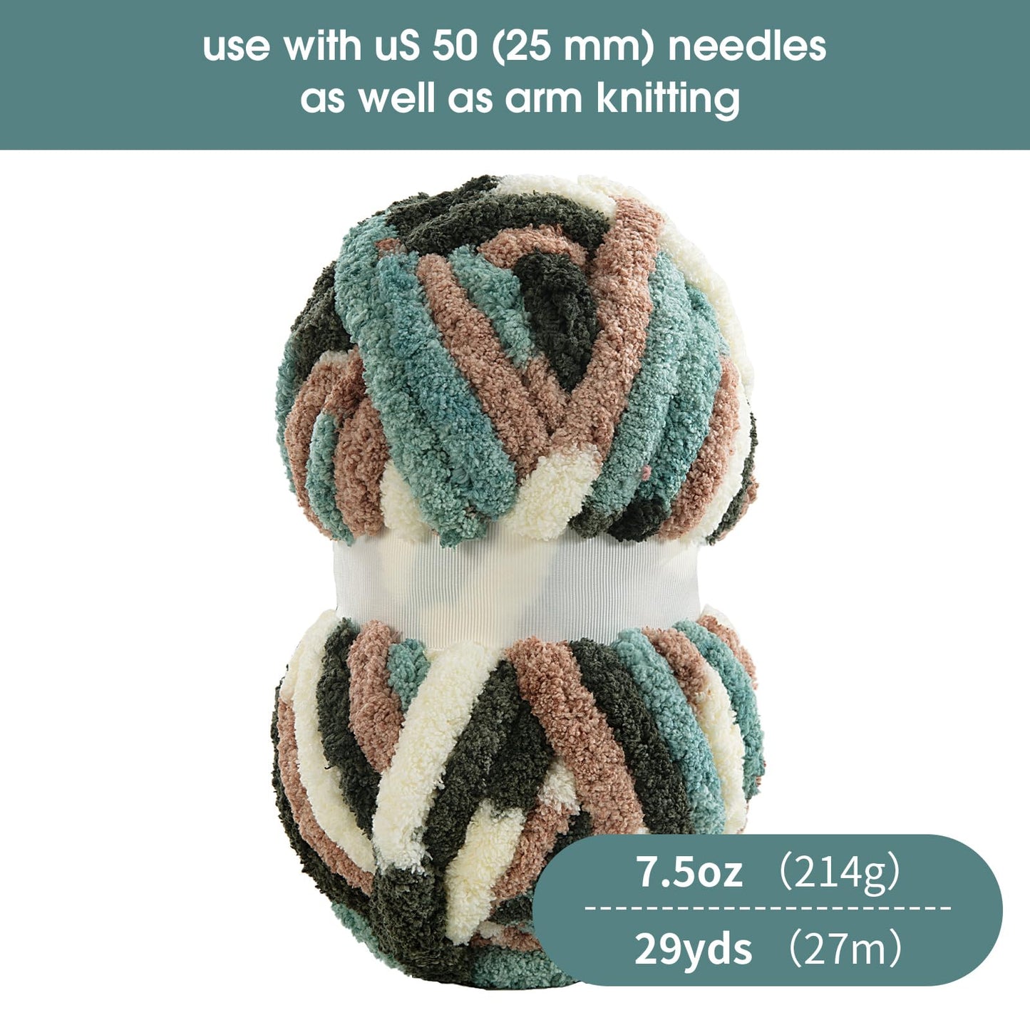 HOMBYS Green,White Multi Variegated Chunky Chenille Yarn, 8 Skeins, 26 yd / 7.5 oz Each
