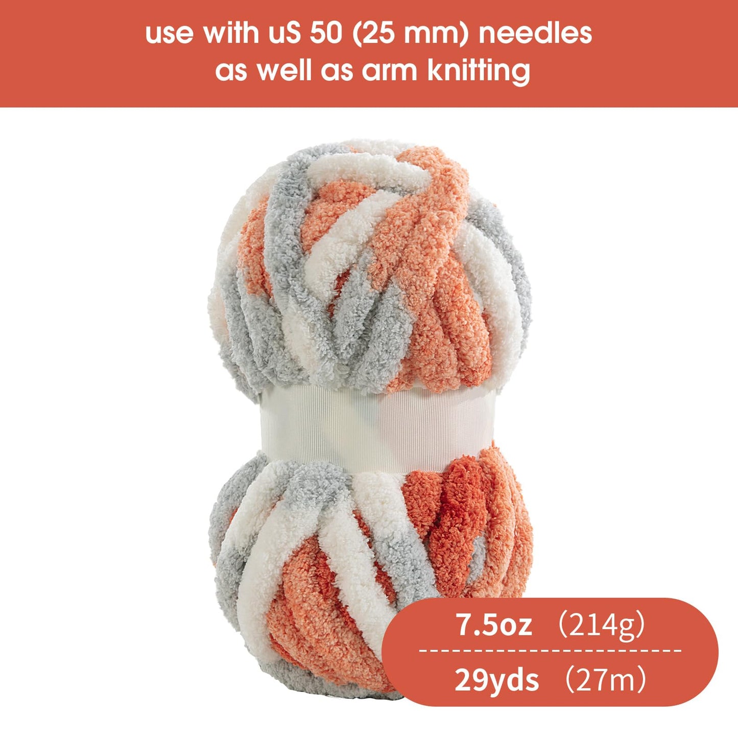 HOMBYS Orange,Light Grey,White Variegated Chunky Chenille Yarn, 8 Skeins, 26 yd / 7.5 oz Each