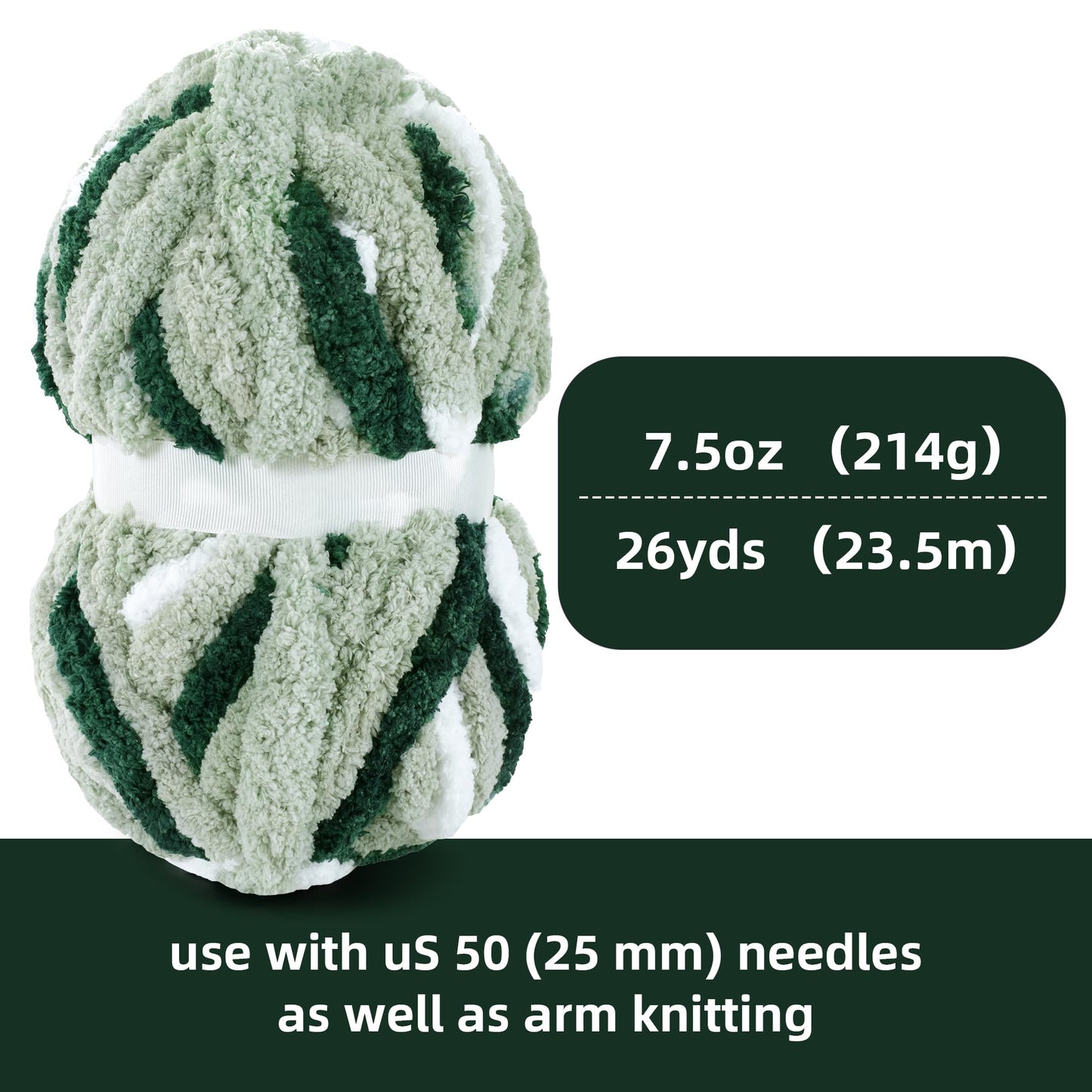 HOMBYS Green Multi,White Variegated Chunky Chenille Yarn, 8 Skeins, 26 yd / 7.5 oz Each