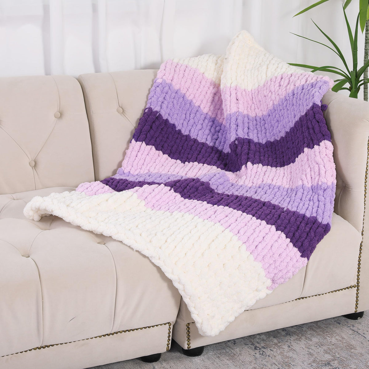 HOMBYS Purple Gradient + White Chunky Chenille Yarn, 8 Skeins, 27 yd / 8 oz Each