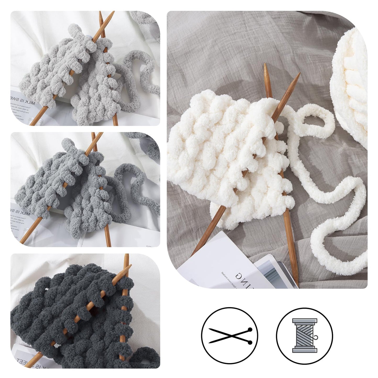 HOMBYS 2Cream+2 Light Grey+2 Medium Grey+2 Dark Grey Chunky Chenille Yarn, 8 Skeins, 27 yd / 8 oz Each
