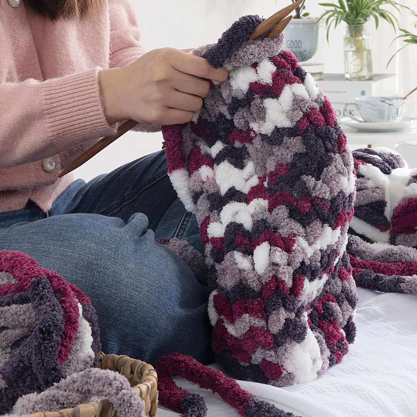 HOMBYS Wine Red,Grey,White Variegated Chunky Chenille Yarn, 8 Skeins, 26 yd / 7.5 oz Each
