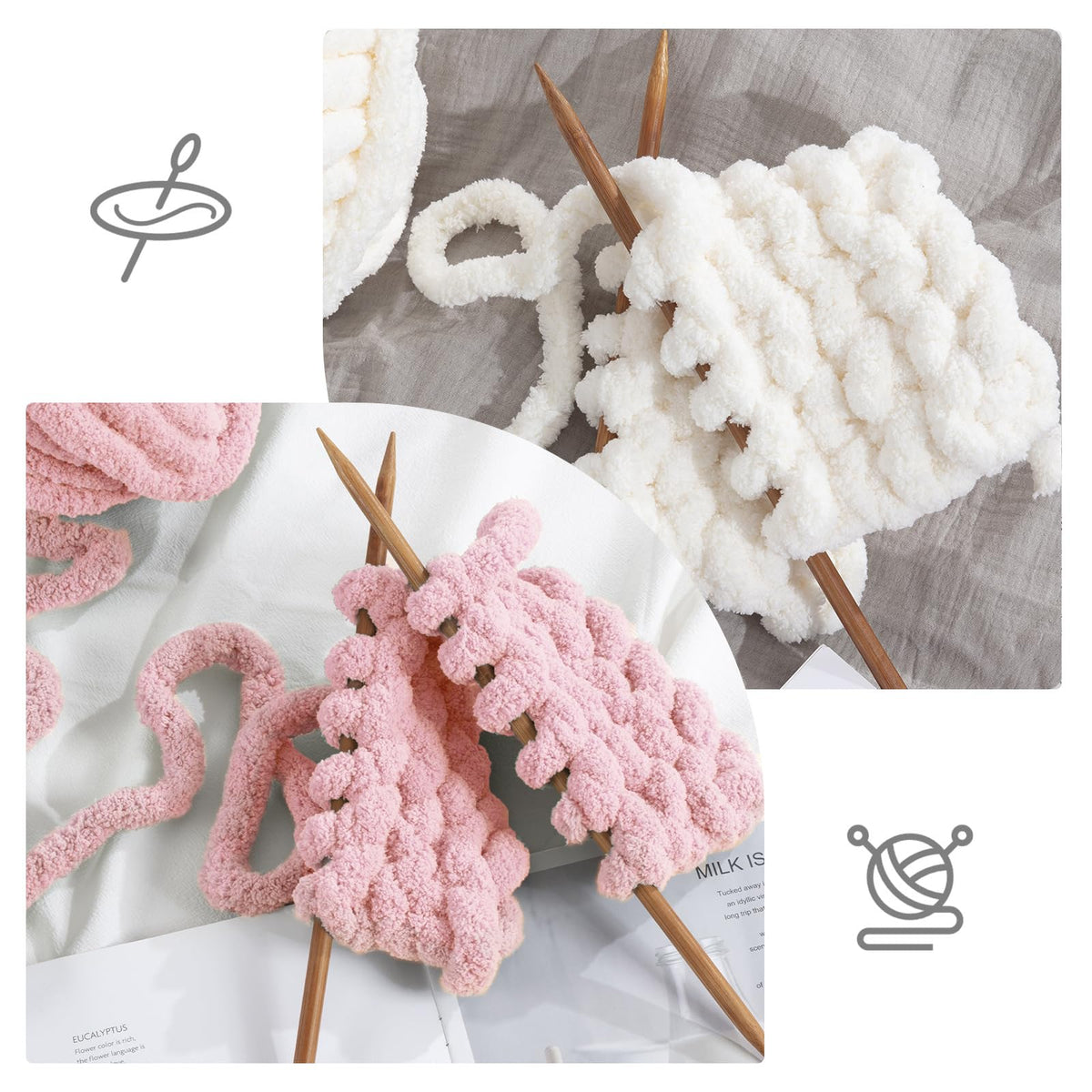 HOMBYS 4 Cream+ 4 Pink Chunky Chenille Yarn, 8 Skeins, 27 yd / 8 oz Each