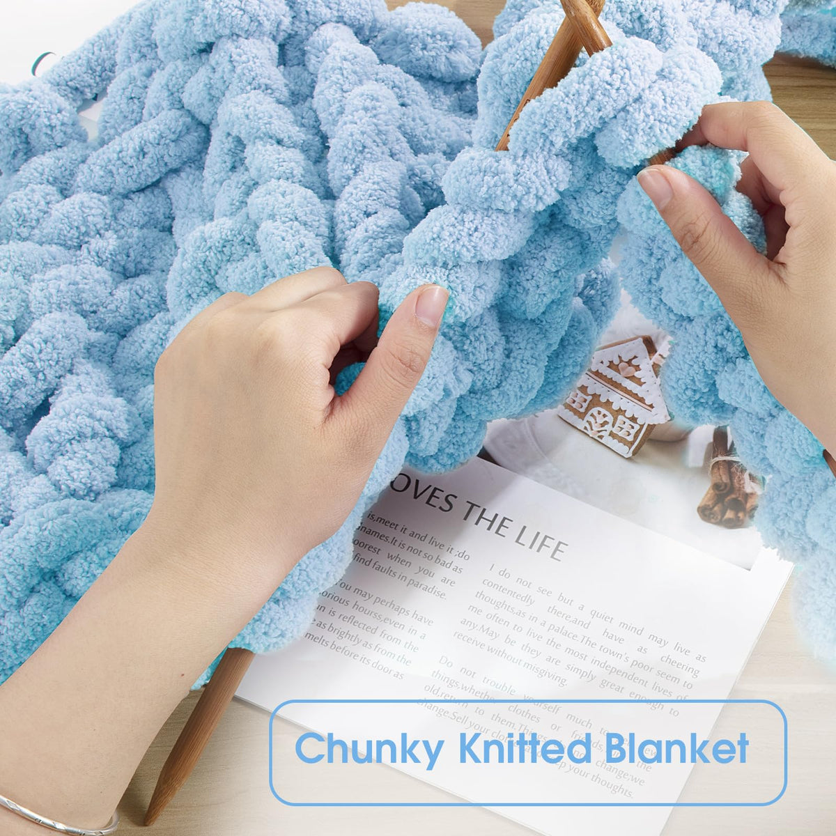 HOMBYS 4 Cream+ 4 Sky Blue Chunky Chenille Yarn, 8 Skeins, 27 yd / 8 oz Each