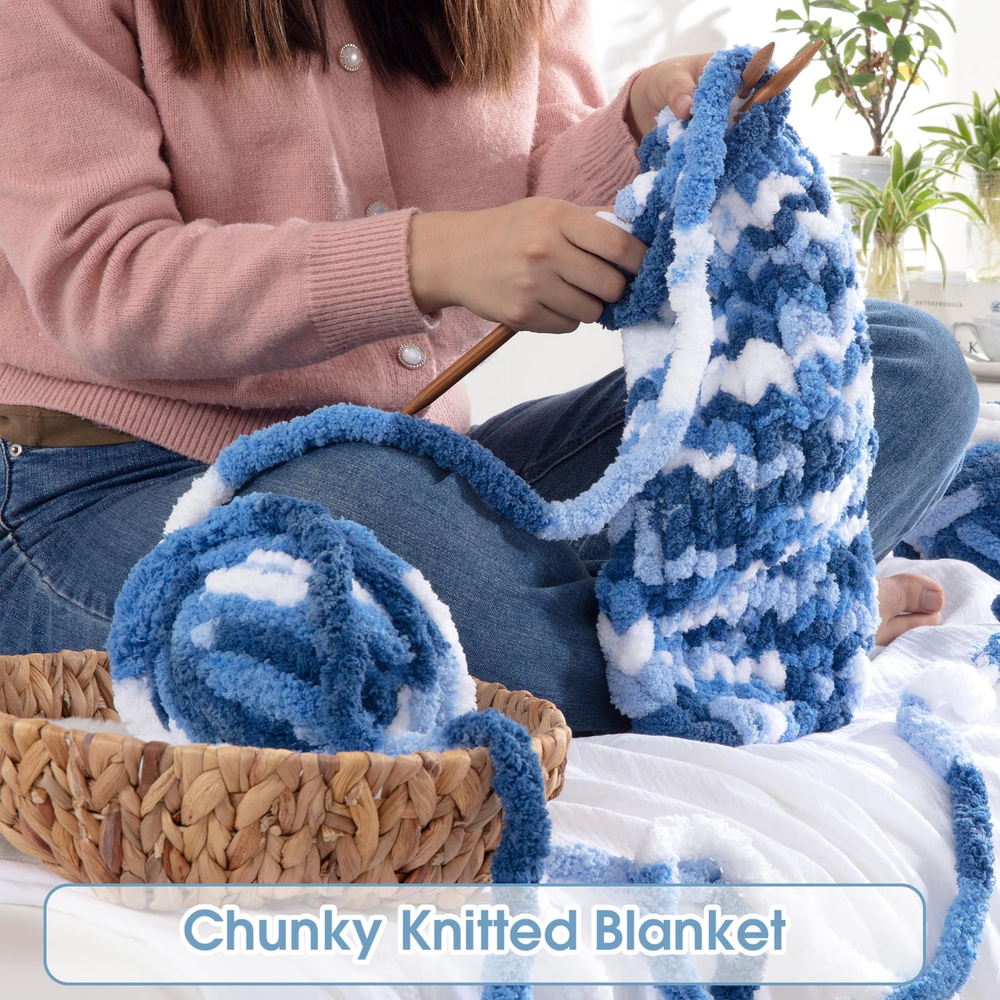 HOMBYS Blue,Light Blue,White Variegated Chunky Chenille Yarn, 8 Skeins, 26 yd / 7.5 oz Each