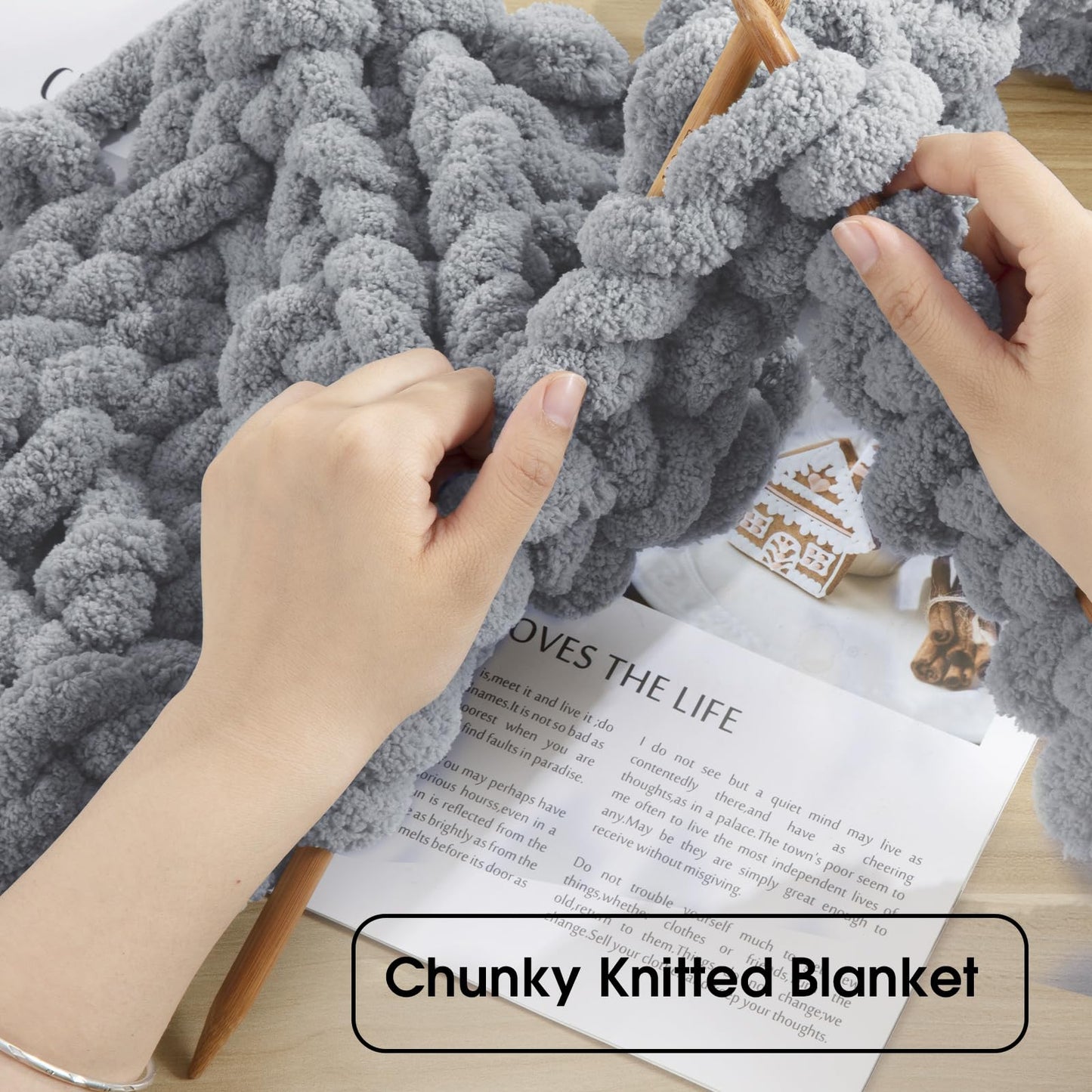 HOMBYS 4 White+4 Light Grey Chunky Chenille Yarn, 8 Skeins, 27 yd / 8 oz Each