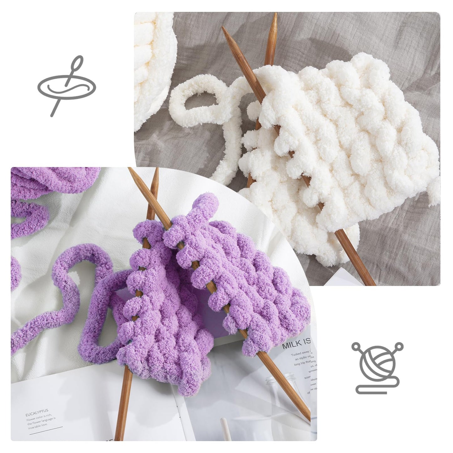 HOMBYS 4 Cream+4 Purple Chunky Chenille Yarn, 8 Skeins, 27 yd / 8 oz Each