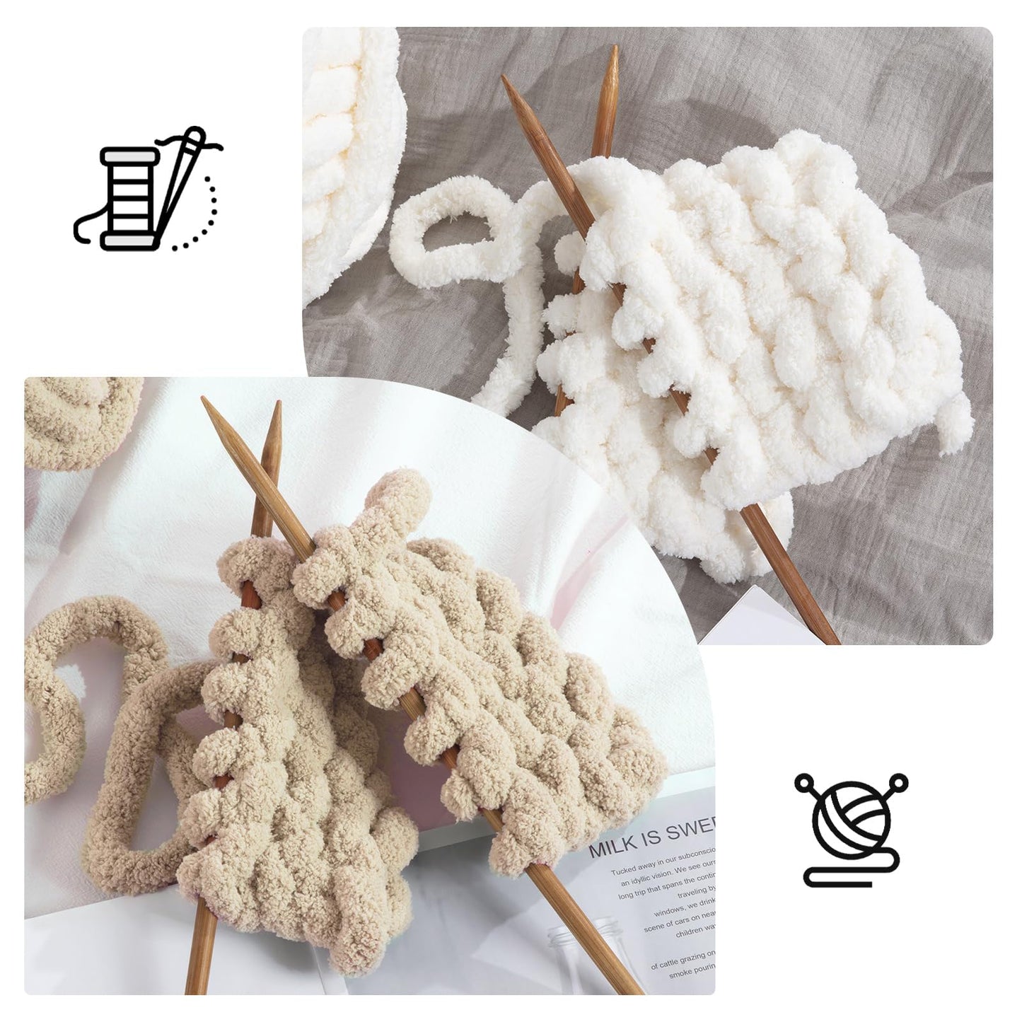 HOMBYS 4 White+4 Khaki Chunky Chenille Yarn, 8 Skeins, 27 yd / 8 oz Each