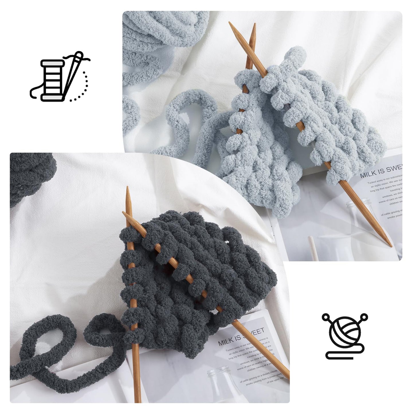 HOMBYS 4 Dark Grey+4 Grey Chunky Chenille Yarn, 8 Skeins, 27 yd / 8 oz Each